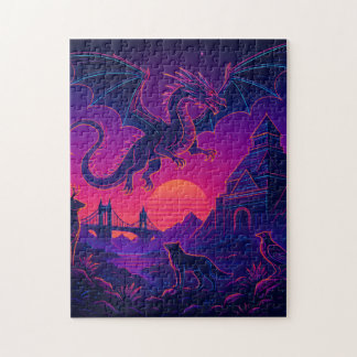 Neon Dragon Realm – Synthwave Fantasy Landscape Puzzle