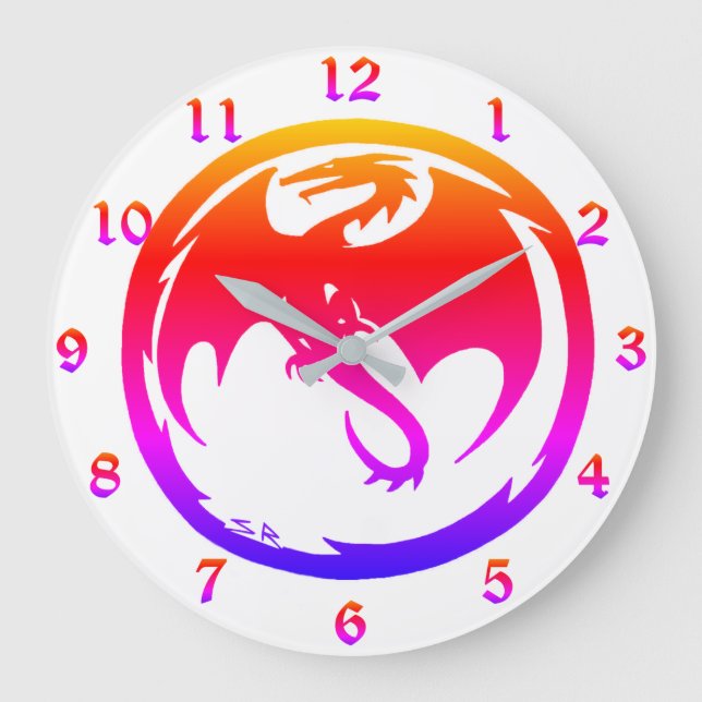 Neon Dragon weiße Wanduhr mit Zahlen (Vorderseite)