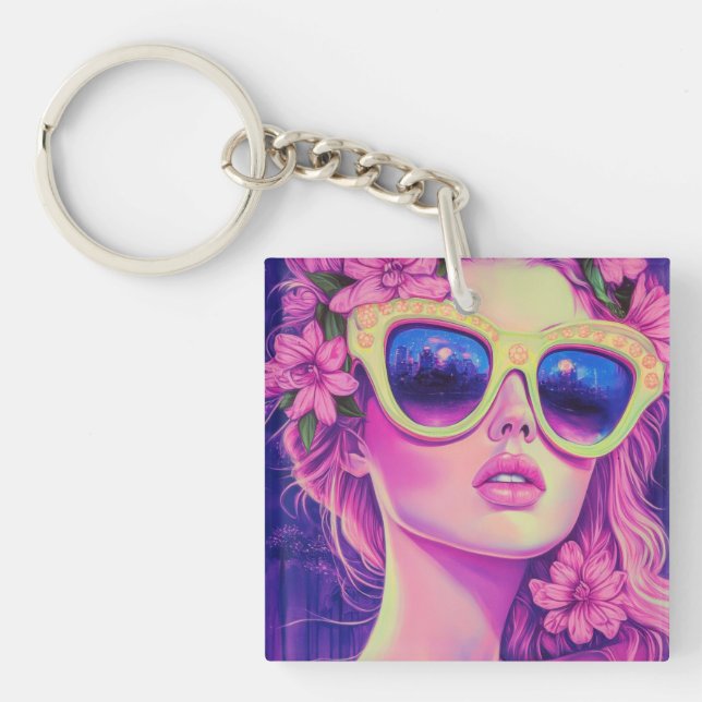 Neon Dream Girl mit BläserSonnenbrille Schlüsselanhänger (Vorderseite)