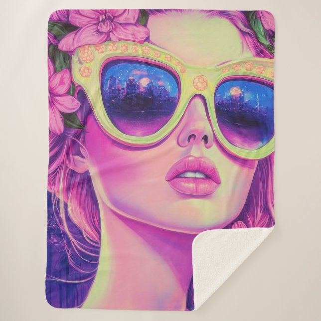 Neon Dream Girl mit BläserSonnenbrille Sherpadecke (Vorderseite)