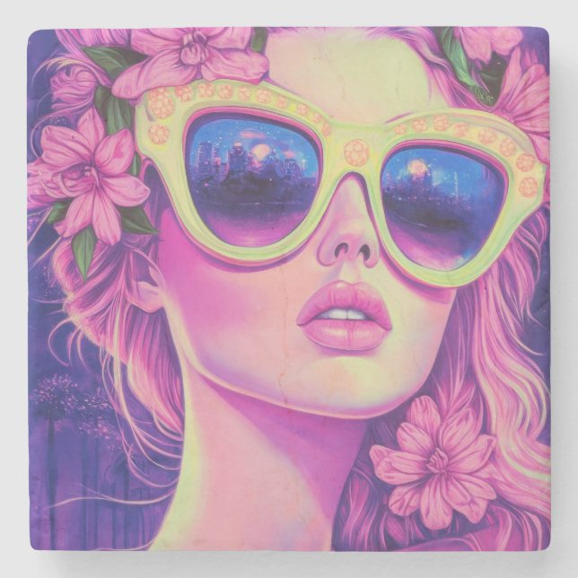 Neon Dream Girl mit BläserSonnenbrille Steinuntersetzer (Vorderseite)