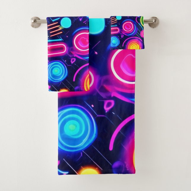 Neon Dreamscape: Eine lebendige Abstrakte Kunst Badhandtuch Set (Insitu)