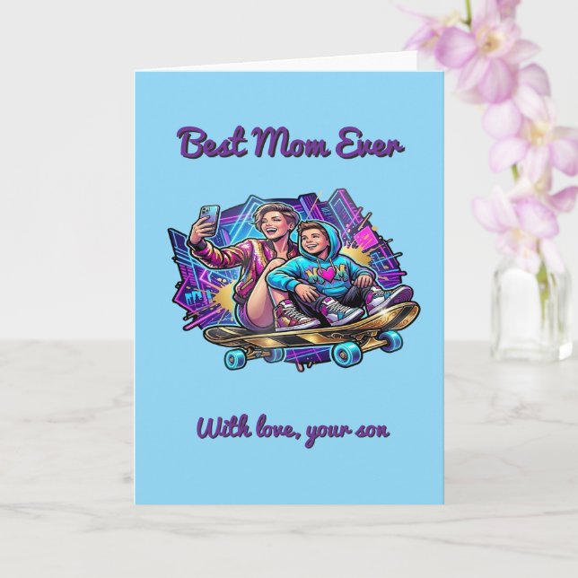 Neon Drive Mother’s Day Card: Cool Mom & Son Art Karte (Orchidee)