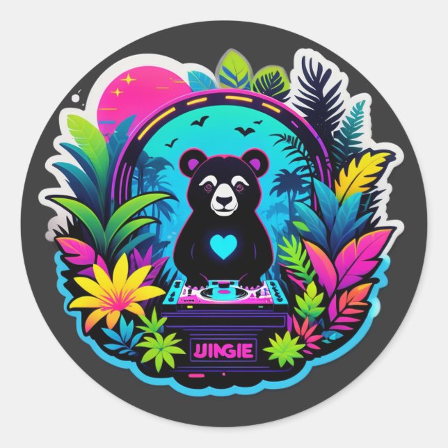Neon-Dschungel-Panda-DJ Runder Aufkleber (Vorderseite)