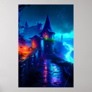 Neon-Dunkle-Fantasy-Schloss-Cyberpunk-Fluss Poster