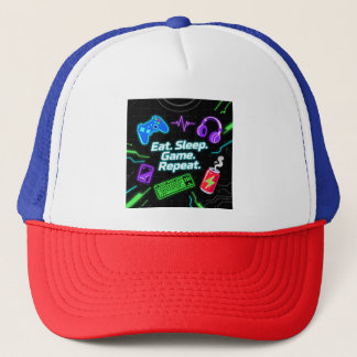 Neon Eat Sleep Game Repeat Gamer Zitat Truckerkappe