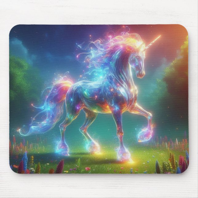 Neon Einhorn Kunst – Leuchtendes Fantasy-Pferd Reg Mousepad (Vorne)