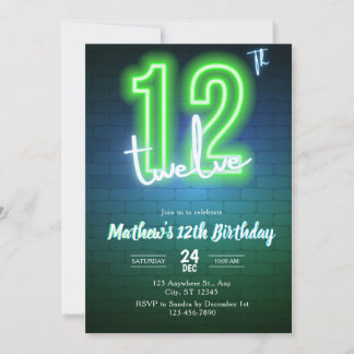 Neon-Einladung zum zwölften Geburtstag Einladung