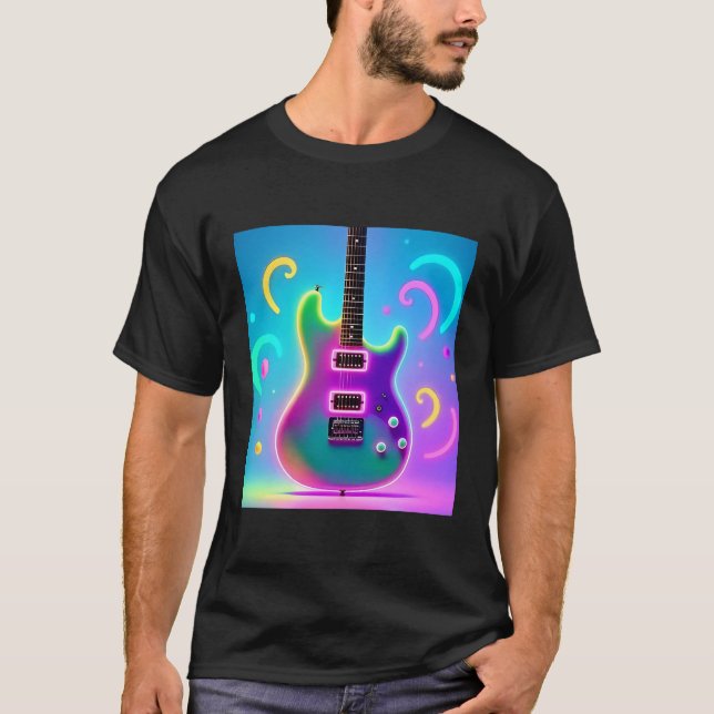 Neon Electric Guitar - Retro Synthwave Music Art T-Shirt (Vorderseite)