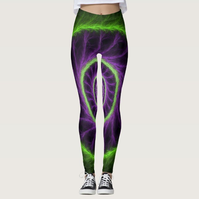 Neon Energy Spiral – Green & Purple Fractal Vortex Leggings (Vorderseite)