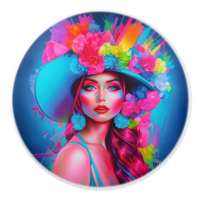 Neon Fantasy Floral Portrait Keramikknauf (Vorderseite)