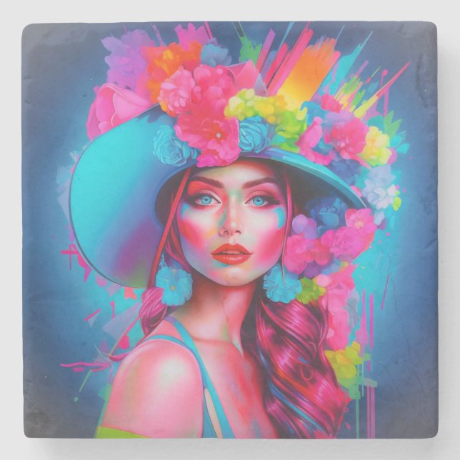 Neon Fantasy Floral Portrait Steinuntersetzer (Vorderseite)