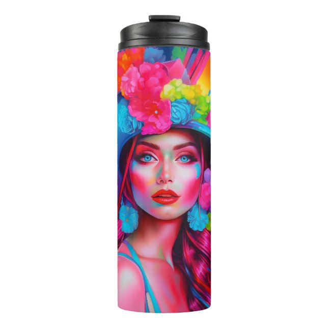 Neon Fantasy Floral Portrait Thermosbecher (Vorderseite)