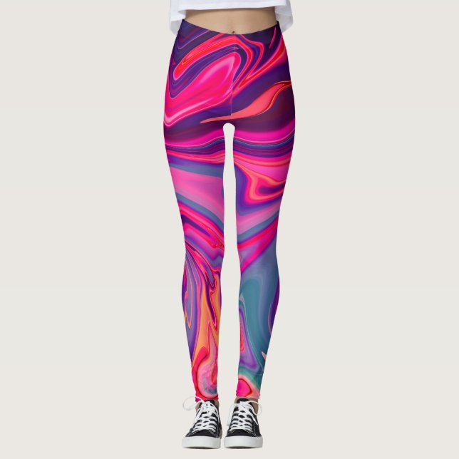Neon farbenfroh Pink Blue Liquid Marmor Abstrakt Leggings (Vorderseite)