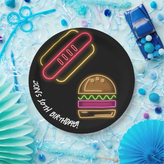 Neon Fast Food Monogram Name Vibrann Pappteller (Party)