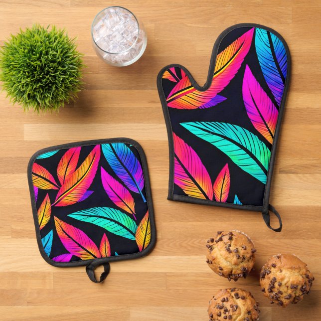 Neon Feather Pattern Die pulsierende Kunst Ofenhandschuh & Topflappen-Set (Oben Unten)
