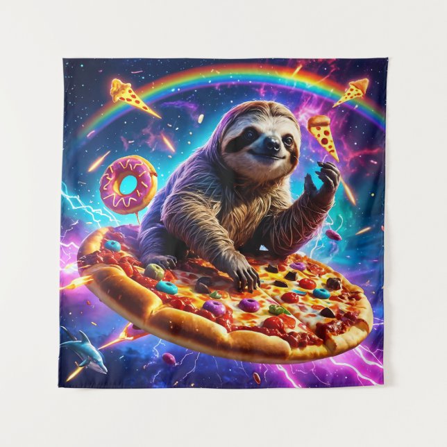 Neon Fire-Breathing Sloth in Cosmic Pizza Galaxy Wandteppich (Vorderseite)