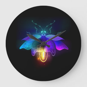 Neon Firefly auf schwarz Große Wanduhr
