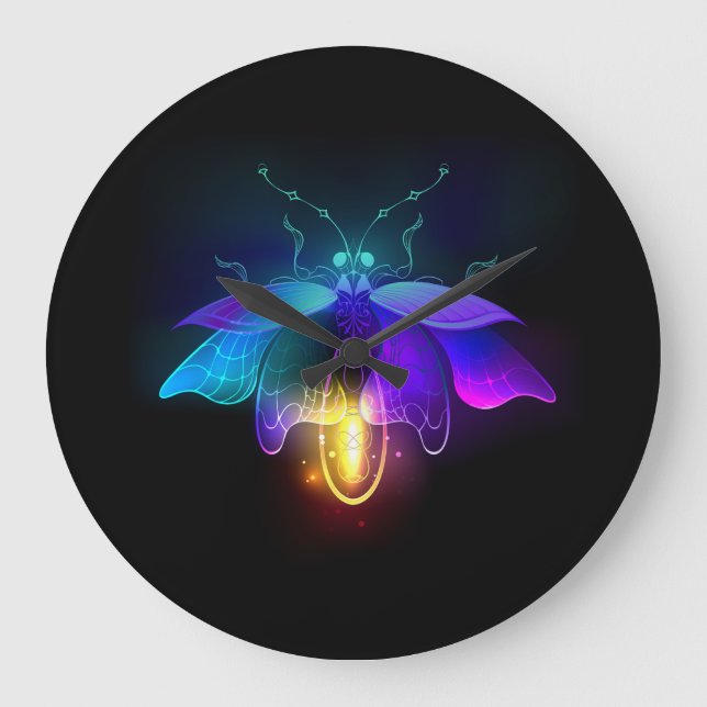 Neon Firefly auf schwarz Große Wanduhr (Vorderseite)