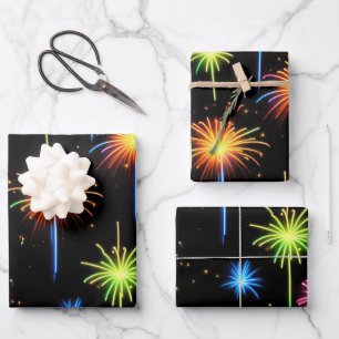 Neon Fireworks on Black Geschenkpapier Set