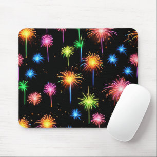 Neon Fireworks on Black Mousepad