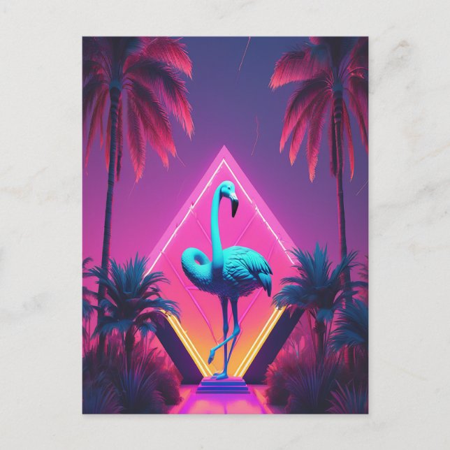 Neon Flamingo Palm Trees Vaporwave Ästhetisch Postkarte (Vorderseite)