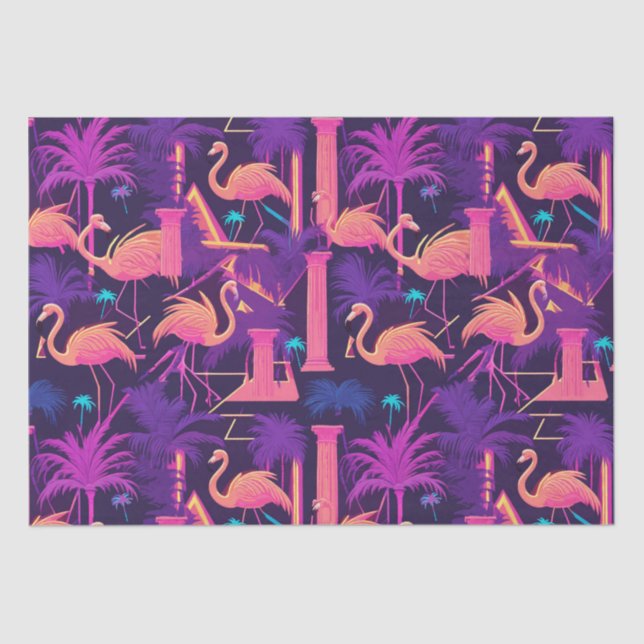 Neon Flamingo Palm Trees Vaporwave Ästhetisch Seidenpapier (Vorderseite)