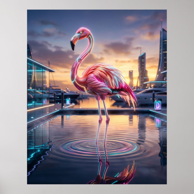 Neon Flamingo Sunset Marina Poster (Vorne)