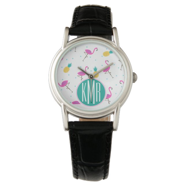 Neon Flamingos | Monogramm Armbanduhr (Vorderseite)