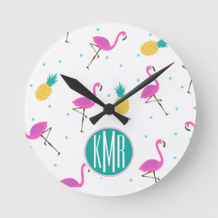 Neon Flamingos   Monogramm Runde Wanduhr