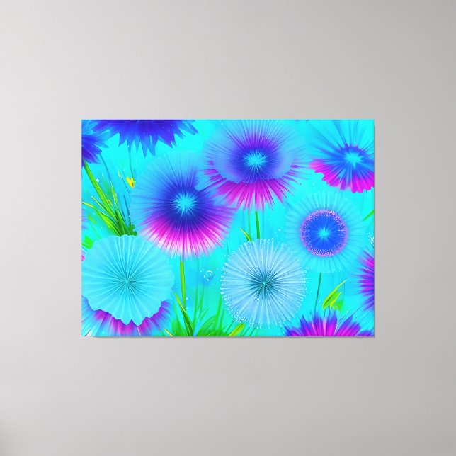 Neon Floral Blue Purple Blumen Wrapped Canvas Leinwanddruck (Vorderseite)