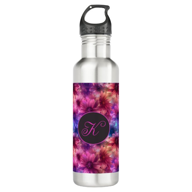 Neon Floral Muster mit Monogramm Edelstahlflasche (Vorderseite)