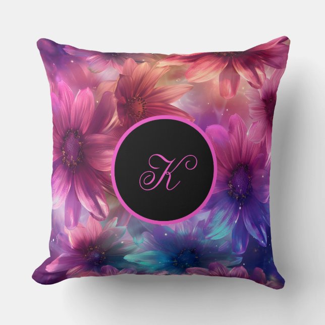 Neon Floral Muster mit Monogramm Kissen (Vorderseite)