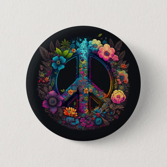 Neon Floral Peace Sign Button (Vorderseite)