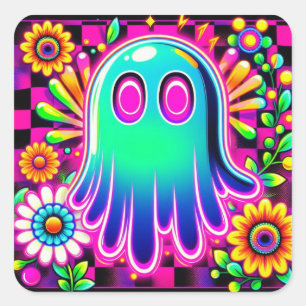 Neon Floral Retro Ghost Halloween Quadratischer Aufkleber
