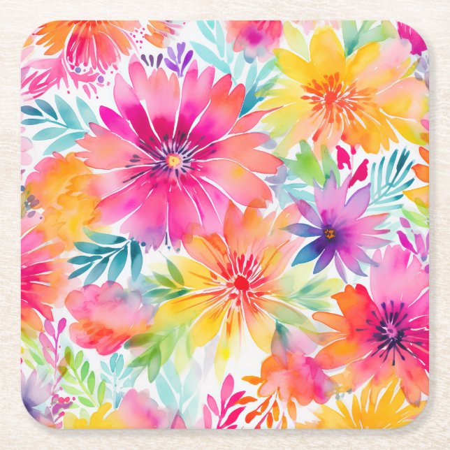 Neon Floral Watercolor Party Rechteckiger Pappuntersetzer (Vorderseite)