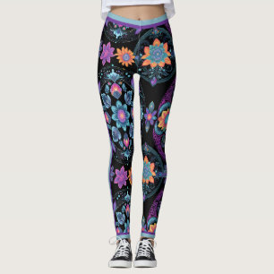 Neon Florals Black Background und Racing Streifen Leggings