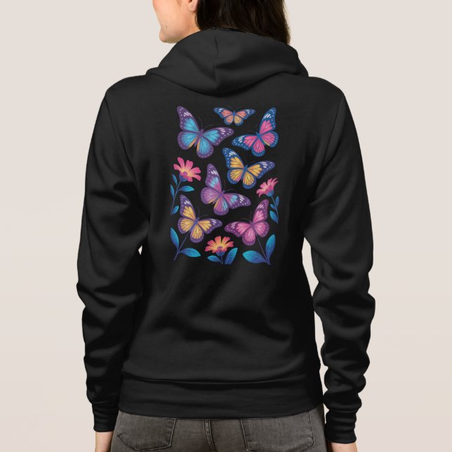 Neon Flowers with Six Glowing Butterflies Hoodie (Rückseite)