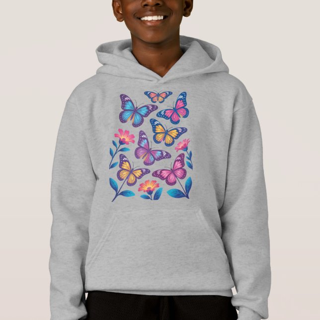 Neon Flowers with Six Glowing Butterflies Hoodie (Vorderseite)