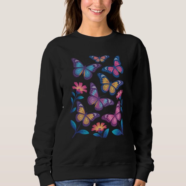 Neon Flowers with Six Glowing Butterflies Sweatshirt (Vorderseite)