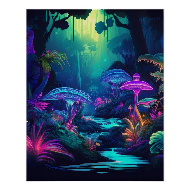 Neon Forest and Glow Mushrooms Fantasy Art Poster (Vorderseite)