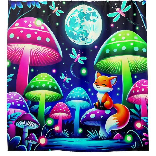 Neon Forest Fantasy mit Fox und Fireflies Duschvorhang (Vorderseite)