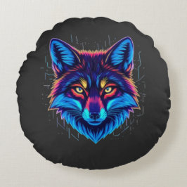 Neon Fox Face – Vibrant Glowing Design Rundes Kissen
