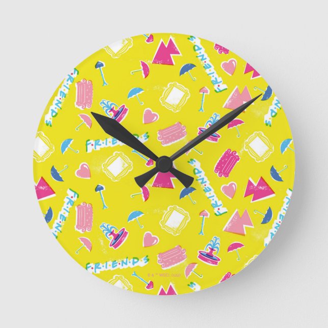 Neon FRIENDS™ Icon-Muster Runde Wanduhr (Vorderseite)