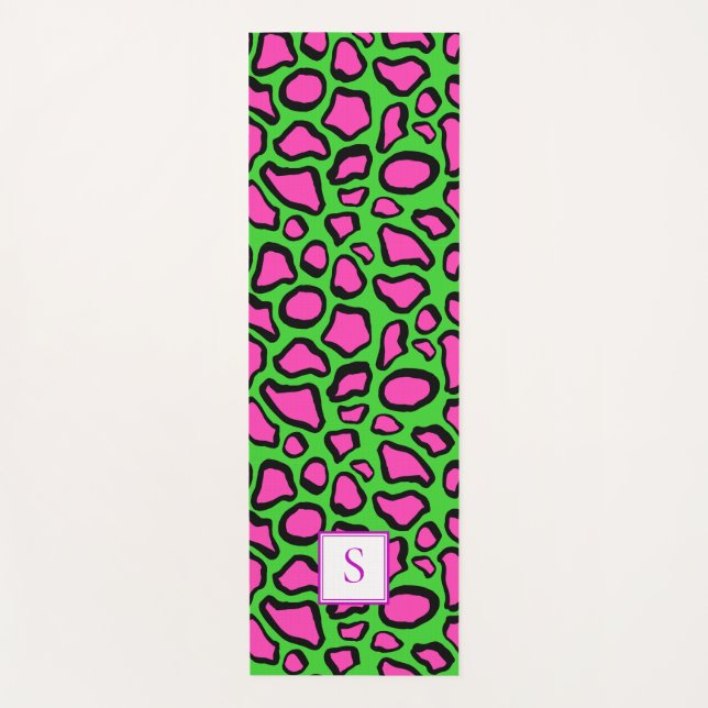 Neon Frog Green Lila Monogram Personalisiert Yogamatte (Vorderseite)