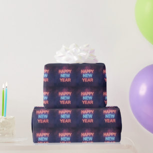 Neon-"Frohes Neues Jahr"-Typografie mit Feuerwerk Geschenkpapier