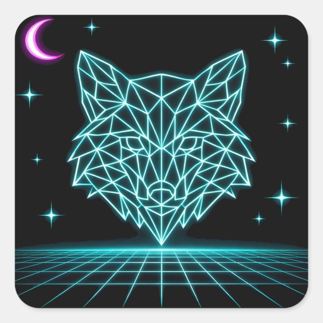 Neon-Fuchs-Synthwave - Retro-Elektrischer Jäger Quadratischer Aufkleber (Vorderseite)