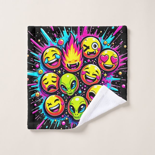 Neon Funky Emoji-Mix Badhandtuch Set (Waschlappen)