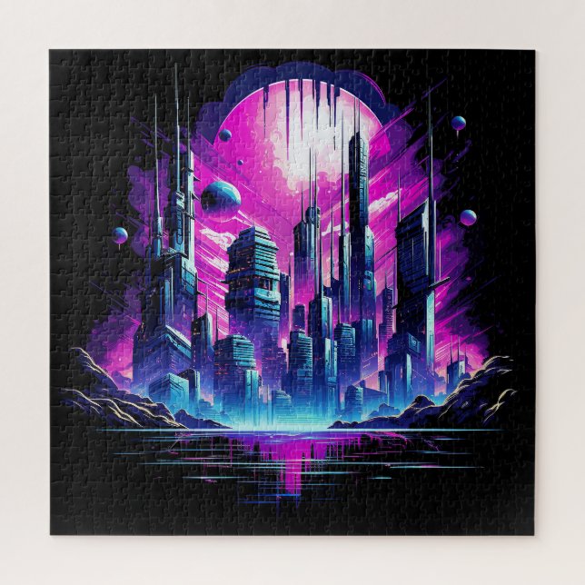 Neon Futuristic CyberScape Skyline Puzzle (Vertikal)