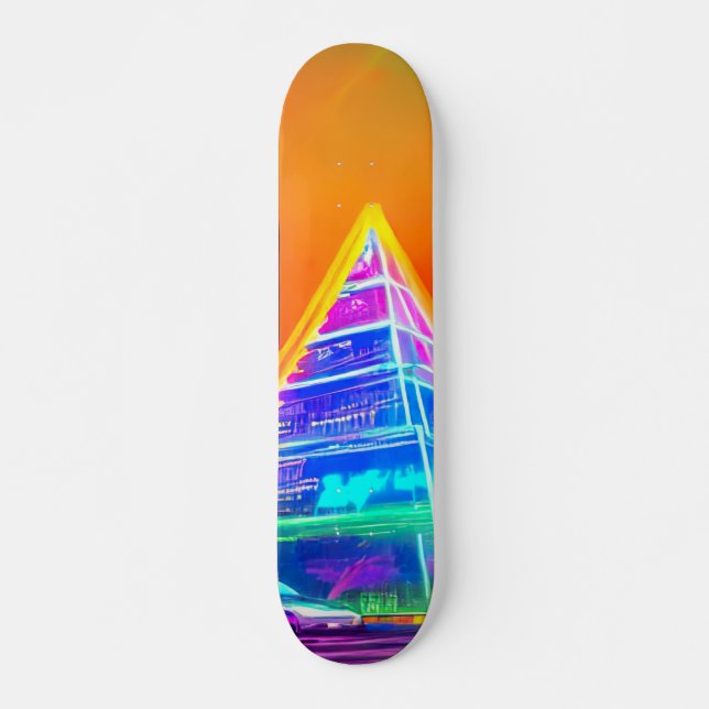 Neon Futuristic hologram Pyramid in Modern City Skateboard (Vorne)